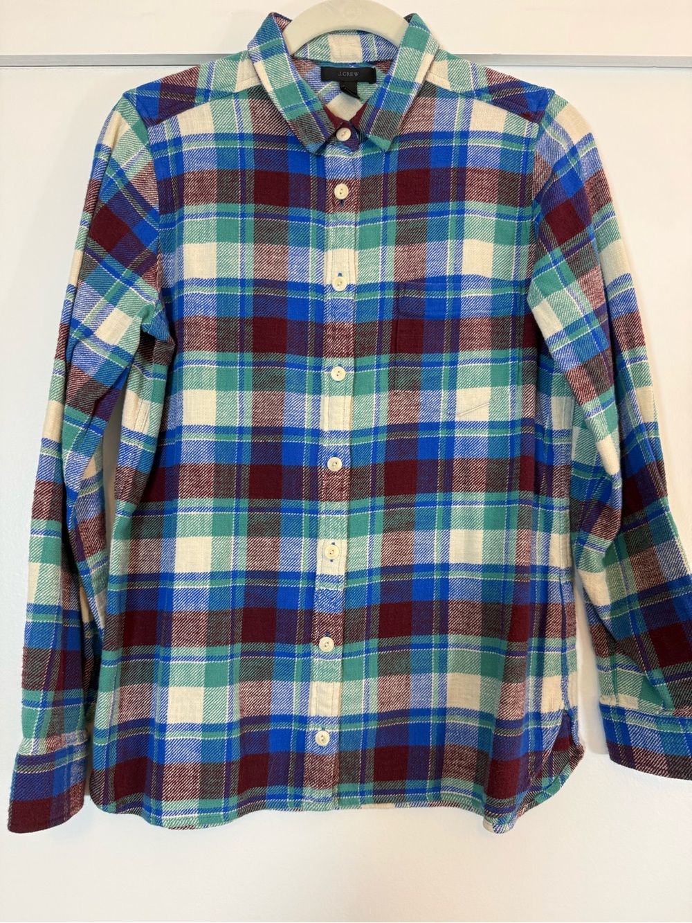 J. Crew Men's Plaid Button-Down Shirt in Blue, Green, Cream, and Maroon